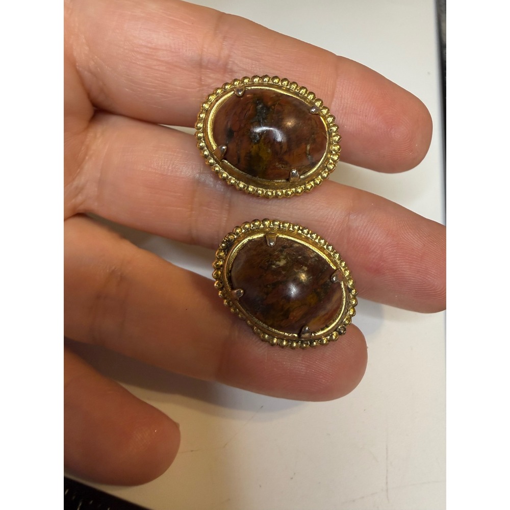 Vintage Gold Tone Brown Jasper Cabochon Oval Cufflinks Beaded Border Toggle Back